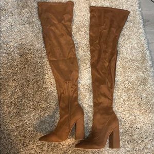 Brown faux suede thigh high boots